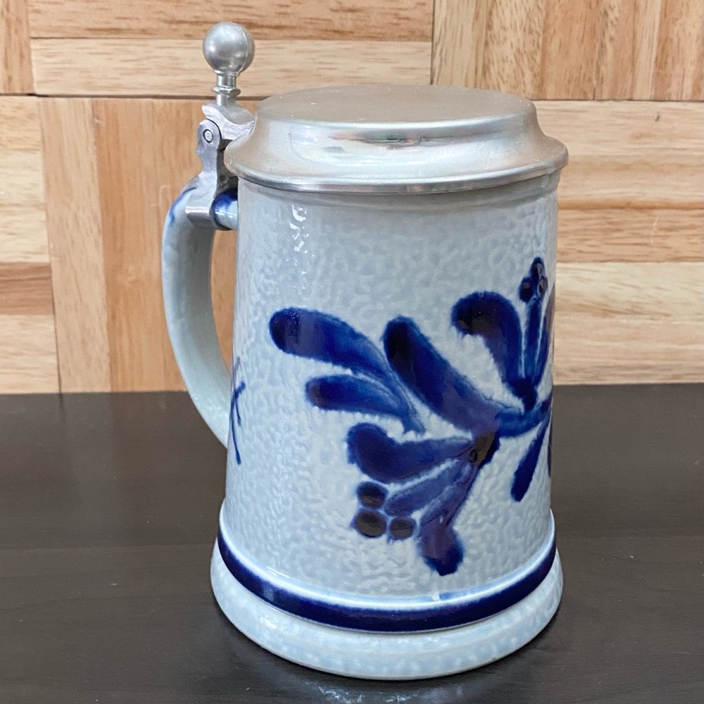 Vintage REIN ZINN 0.5L Blue & White German Stoneware Beer Stein Pewter Mug